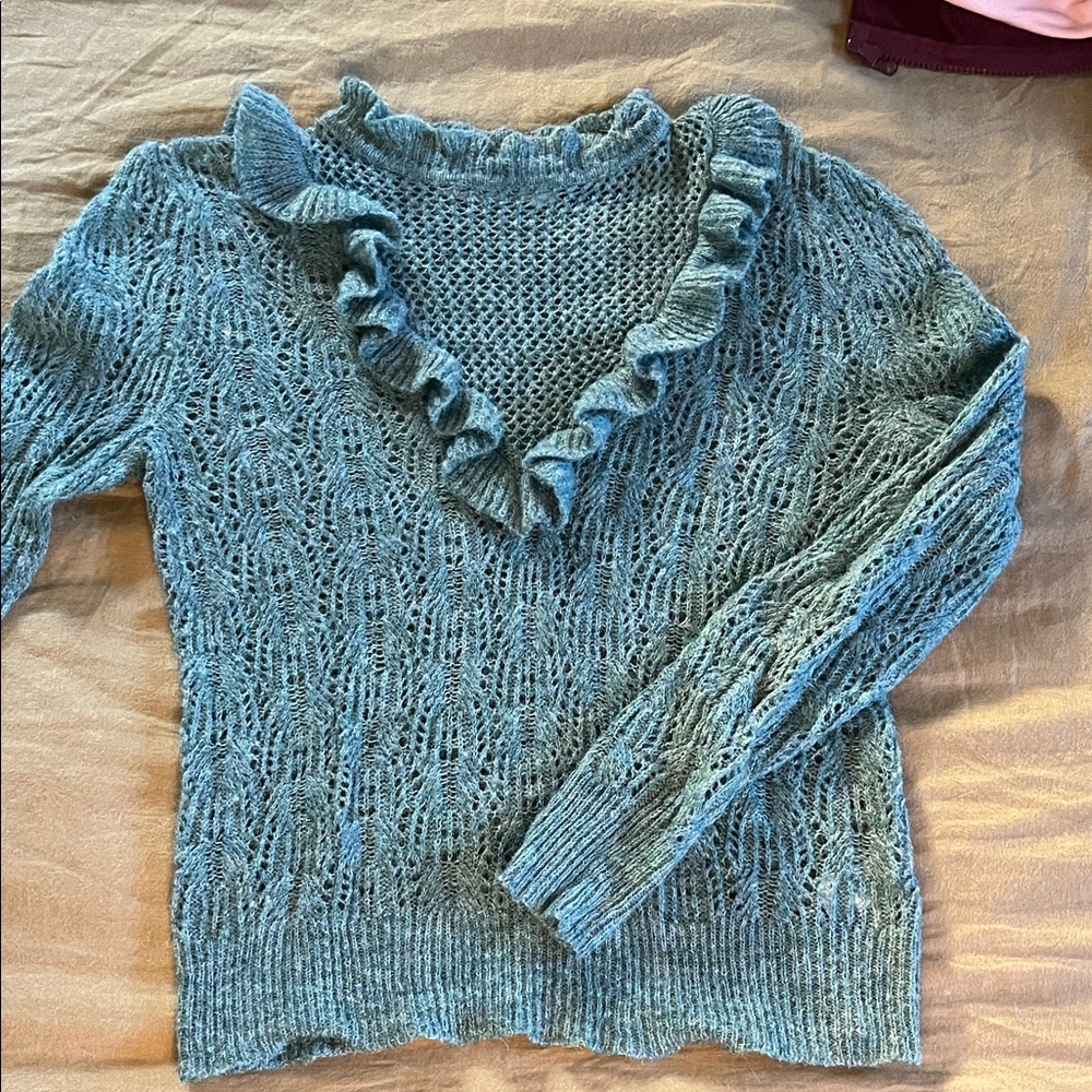bishop + young Teal Ruffled V-Neck Sweater